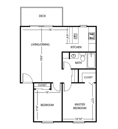 Floor plan for 2 beds, 1 bath, 745 sqft